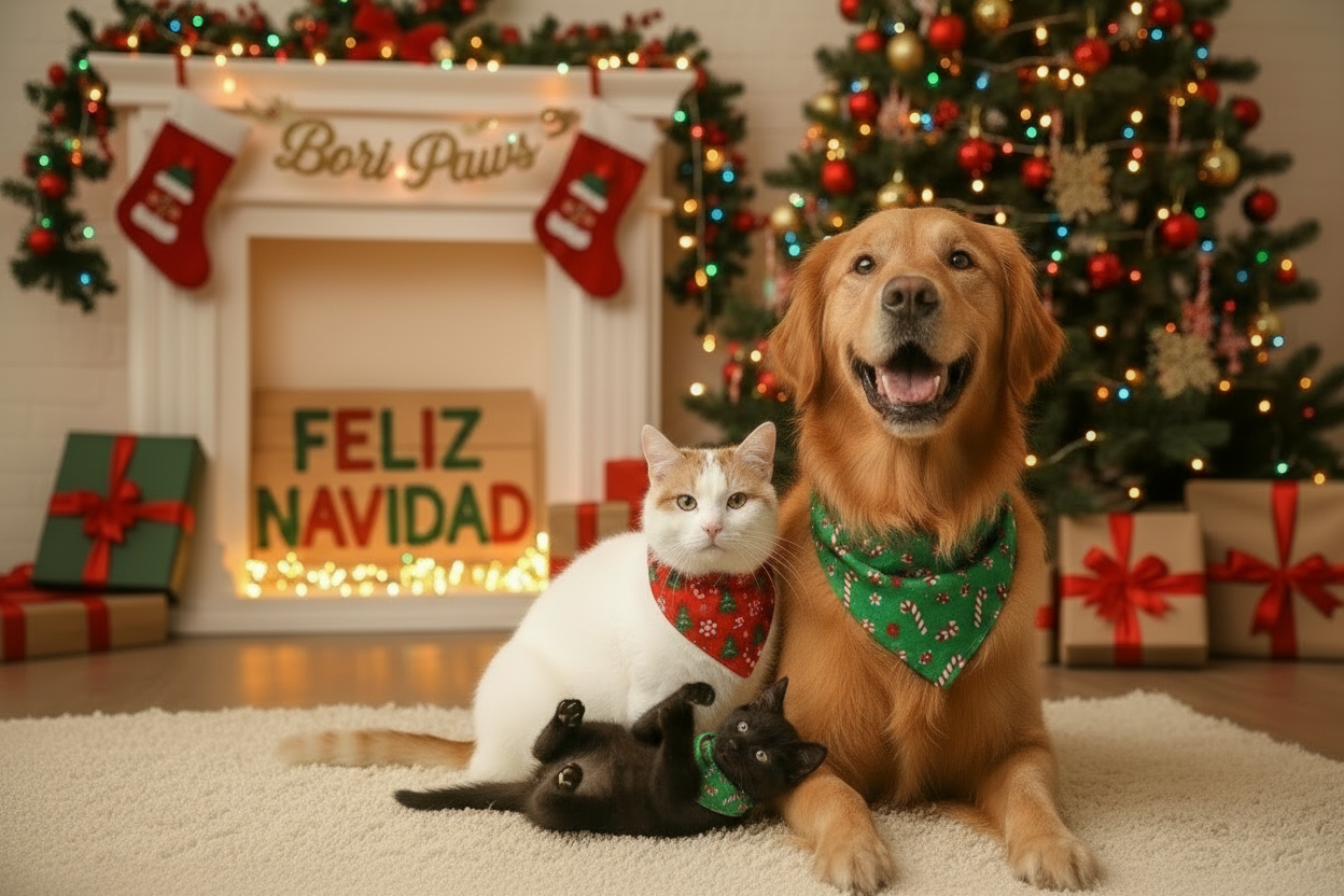 imagen de feliz navidad un gato blanco y naranja y un golden retrievver FELIZ con bandanas de navidqad